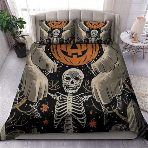 Skeleton Scary Quilt Bedding Set Funny Pumpkin Bedroom Decor King