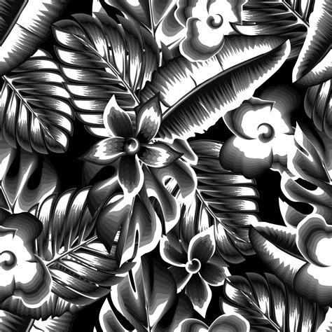 Vintage Monochromatic Foliage Seamless Pattern With Tropical Monstera Palm Leaves And Abstract