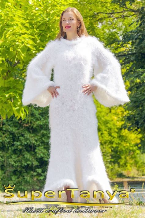 Fuzzy Dress With Wide Sleeves Hand Knitted Designer Fuzzy Gown By