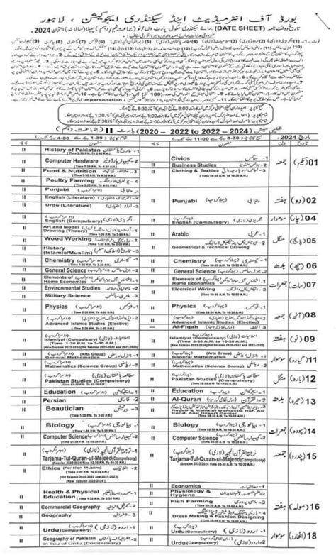 10th Class Date Sheet Lahore Board Educationpro