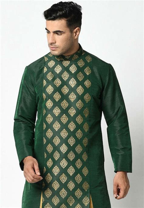 Golden Printed Dupion Silk Side Slit Dhoti Kurta In Dark Green Mve