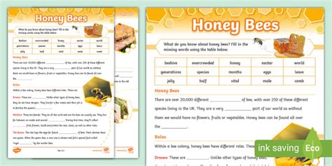 Honey Bees Cloze Worksheet Profesor Hizo Twinkl