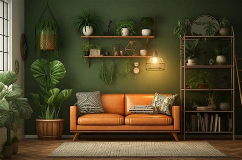 Una Sala De Estar Con Un Sof Una Mesa Y Una Planta En La Pared