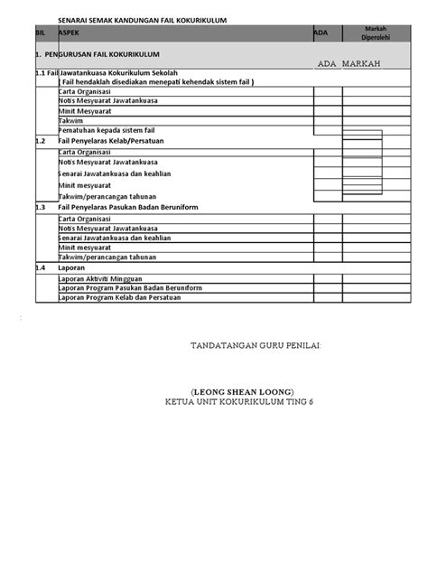 Senarai Semak Kandungan Fail Kokurikulum Pdf