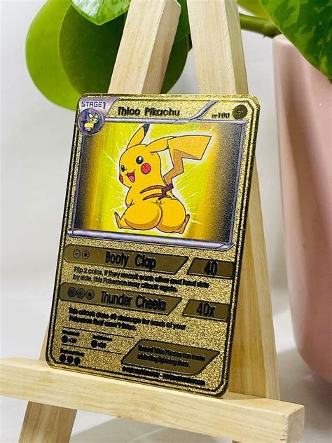 Thicc Pikachu Gold Metal Poke Mon Card Funny Gift Etsy