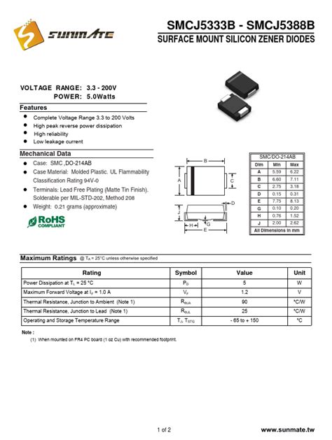 Smcj B Datasheet Surface Mount Silicon Zener Diodes