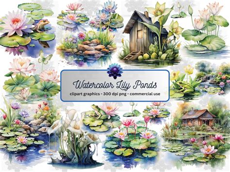 Watercolor Lily Pond Clipart Springtime Lily Pad Illustrations, PNG ...