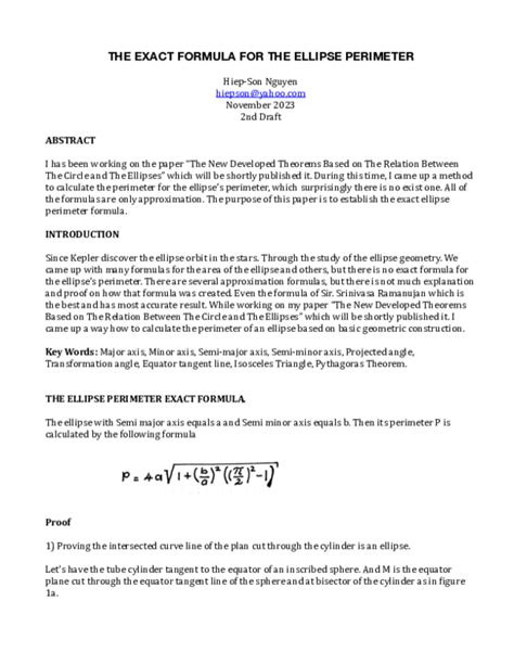 (PDF) THE EXACT FORMULA FOR THE ELLIPSE PERIMETER | Hiep-Son Nguyen ...