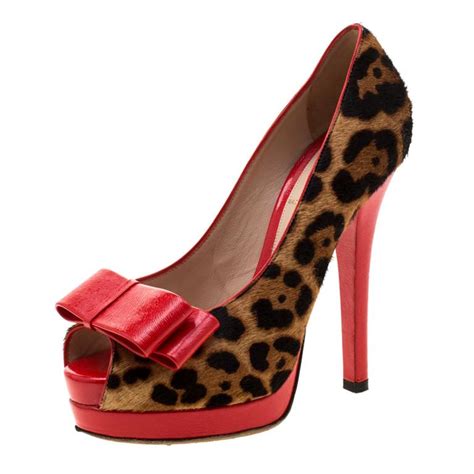 Fendi Two Tone Leopard Print Pony Hair Peep Toe Platform Pumps Size