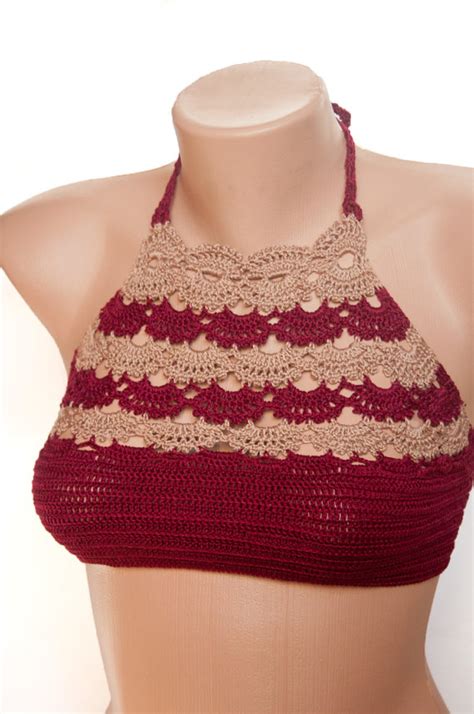 Handmade Crochet Beige Burgundy Bikini Brazilian Bikini Striped Top