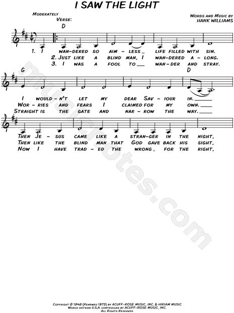 Hank Williams I Saw The Light Sheet Music Leadsheet In D Major