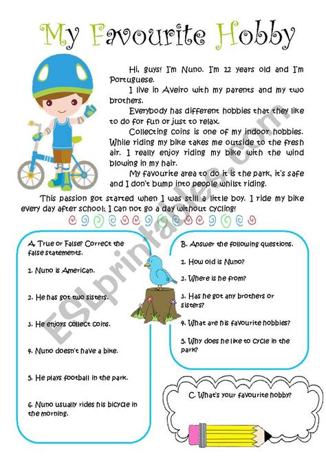 English Worksheets My Favourite Hobby Reading Ws