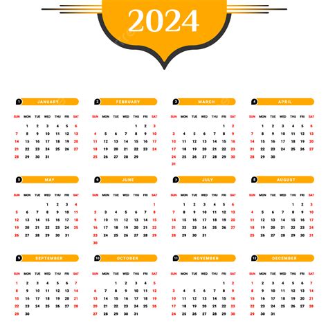 Calendrier 2024 Avec Un Design Unique Jaune Et Noir Png Calendrier