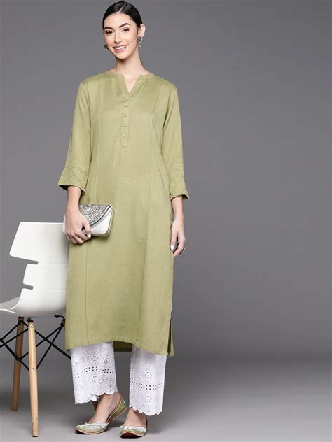 Buy Libas Women Green Solid Mandarin Collar Cuffed Sleeves Pure Cotton