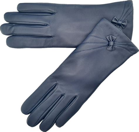 Lambland Ladies Fleece Lined Leather Gloves With Bow In Navy Size Small Shopstyle