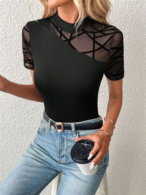 Shein Priv Contrast Geo Mesh Mock Neck Bodysuit Shein Usa