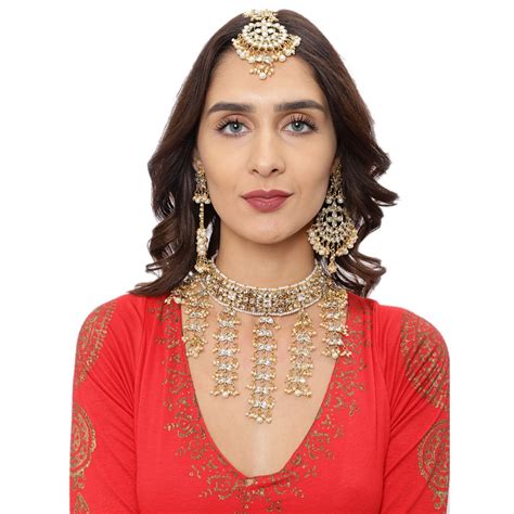 Zaveri Pearls Gold Tone Kundan And Pearls Choker Necklace Earring And Maangtikka Set Zpfk8517