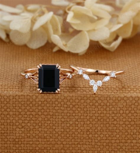 Emeral Cut Black Onyx Engagement Ring Set Vintage Engagement Ring Women