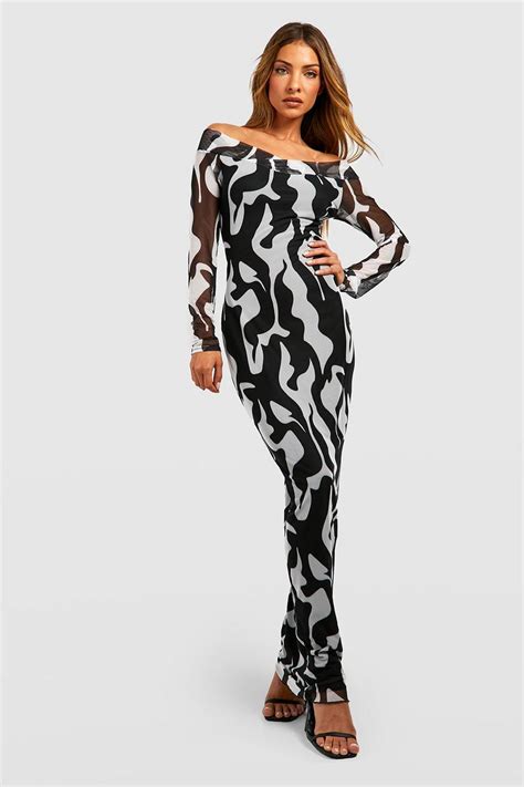 Abstract Mesh Bardot Maxi Dress Boohoo Uk