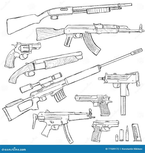 Vektor Skizzen Satz Feuerwaffen Waffen Vektor Abbildung Illustration