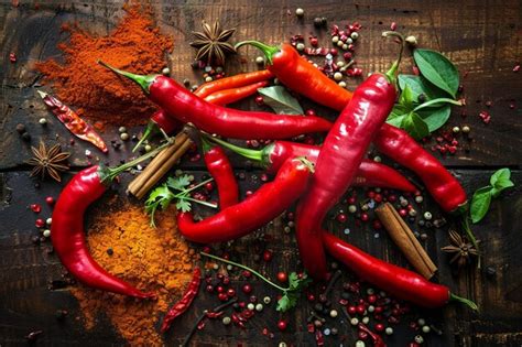 Fiery Red Peppers Aromatic Spices On Rustic Tableainviting Viewers To