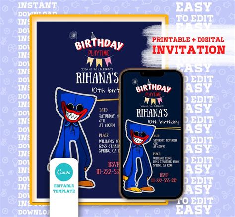 Dual Huggy Wuggy Digital Birthday Party Invitation Canva Etsy