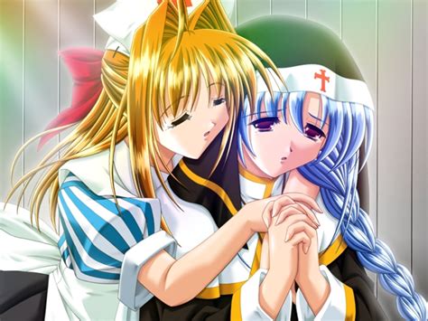 The Big Imageboard Tbib 2girls Blue Hair Blush Eyes Closed Game Cg Hat Kango Shichauzo Kango