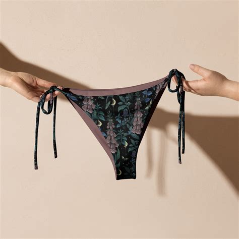 WITCHY GARDEN Recycled String Bikini BOTTOM Mystical Swimsuit Bottom With Moon Moth Flowers