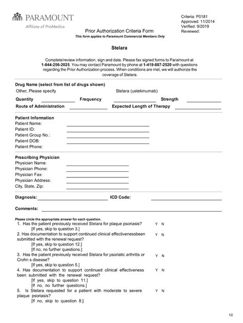 Fillable Online Pdf Prior Authorization Criteria Form Paramount