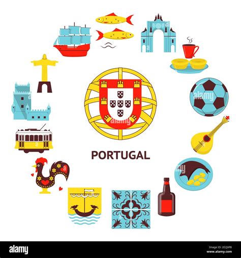 Portugal round concept with icons in flat style. Traditional symbols set with national culture ...