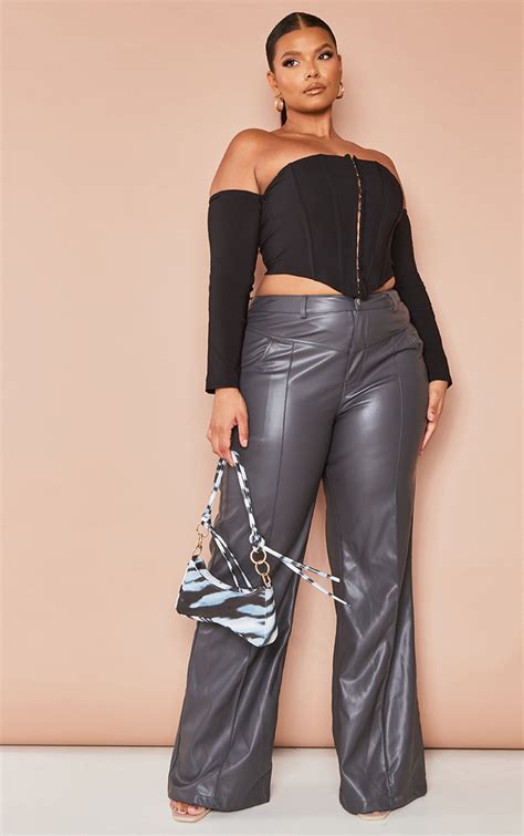 Plus Charcoal Faux Leather Seam Wide Leg Pants Plus Size