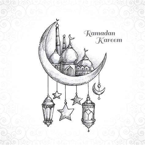 Ramadan Kareem Islamic Moon And Mosque Sketch Card Background