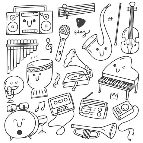 Instrumentos Musicales Kawaii Doodle Line Art Vector Premium