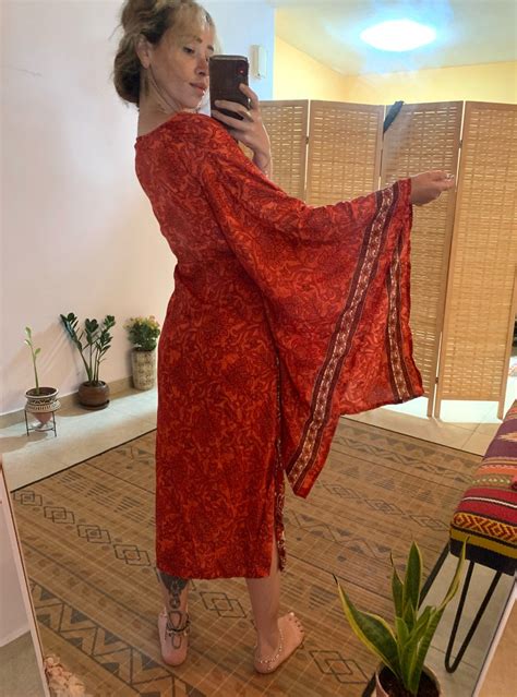 Bell Sleeve Midi Flower Red Boho Dress Bohemian Hippie Dress Long