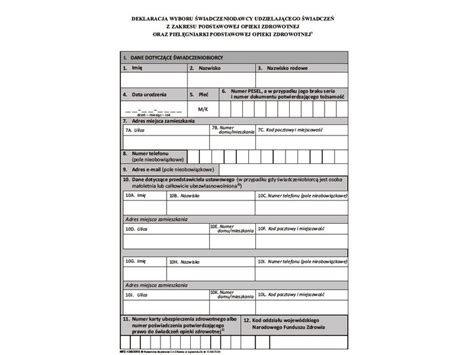 NFZ 12b 2020 Deklaracja wyboru pielęgniarki POZ Druki medyczne NFZ