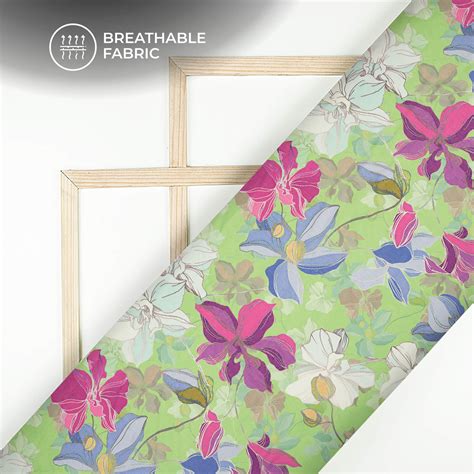 Stylish Green Floral Digital Print Poly Cambric Fabric Fabcurate