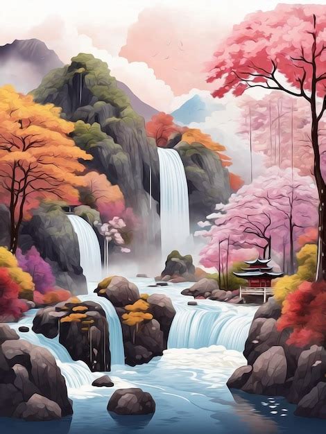 Paisaje De Cascada Japon S Con Rboles De Oto O Y Retrato De Pintura Al