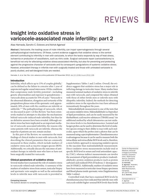 Pdf Insight Into Oxidative Stress In Varicocele Associated Male Infertility Part 2