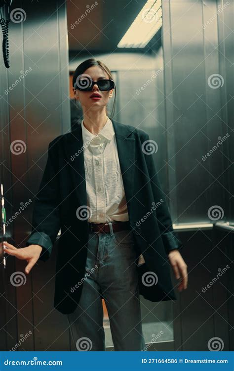 Stylish Woman In Black Jacket And Sunglasses Posing In Elevator Fashion Model Dark Cinematic