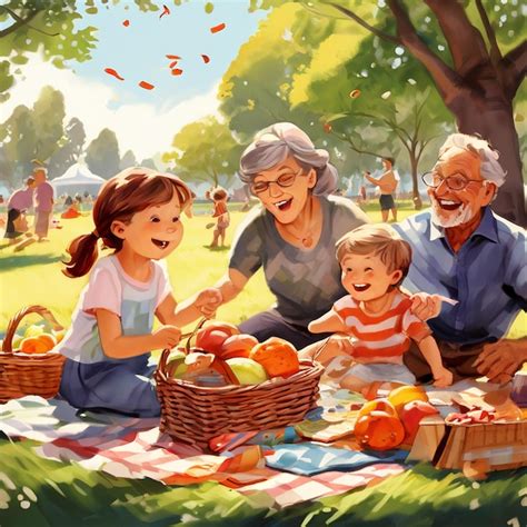 Una Pintura De Una Familia En Un Parque Con Una Canasta De Frutas Y