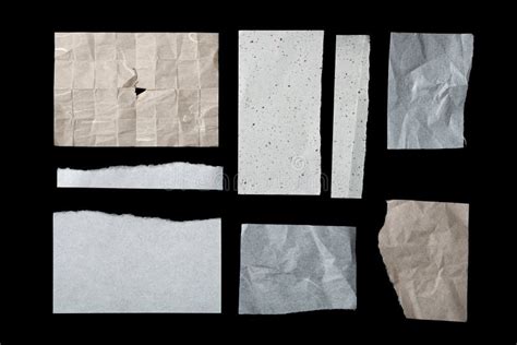 Collection Of Different Torn Pieces Of Paper Isolated On Black Stock