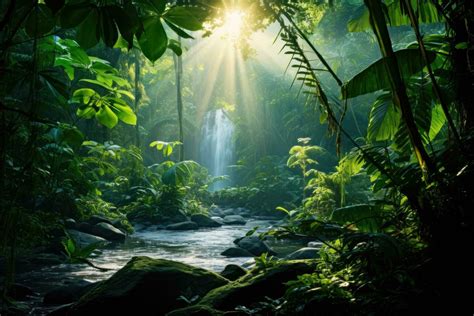 Ai Generated Waterfall In Tropical Forest With Sunbeams And Lens Flare