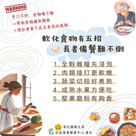 【高齡銀髮族飲食質地調整】一：雜糧浸泡、根莖切塊；二：肉類捶打；三：嫩葉瓜先選；四：水果挑熟成；五：堅果磨粉。 彰化縣北斗鎮衛生所