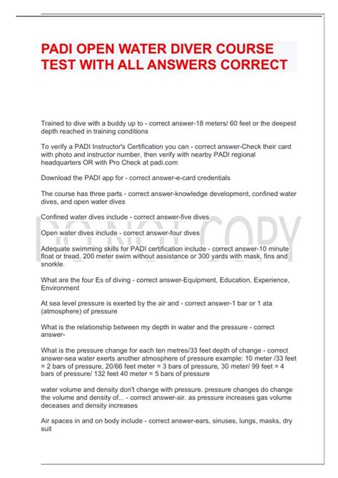 padi open water diver  test   answers correct padi open