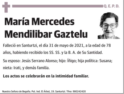 Mar A Mercedes Mendilibar Gaztelu Esquela Necrol Gica El Correo