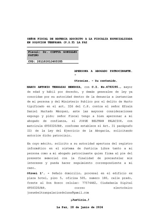 Apersonamiento Fiscalia Chiquitanos Se Or Fiscal De Materia Adscrito