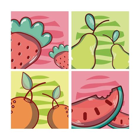 Conjunto De Dibujos Animados De Frutas En Iconos Cuadrados Vector Premium