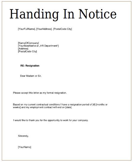 Handing In Notice Templates 6 Free Printable Word Excel And Pdf