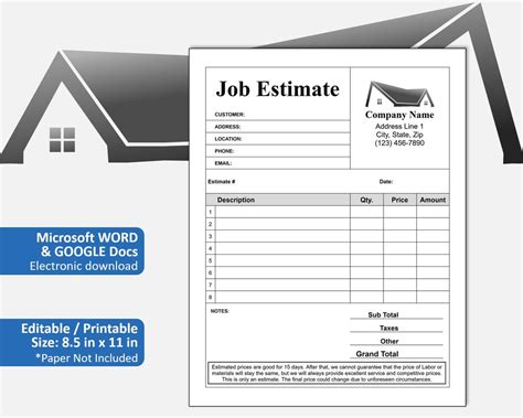 Job Estimate Template Printable Job Estimate Template Pdf Editable