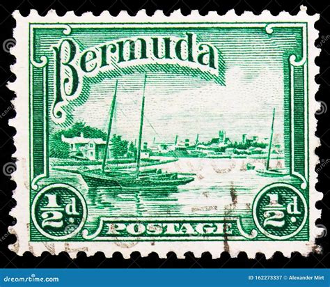 Postage Stamp Printed In Bermuda Shows Hamilton Harbour Sailing Boat